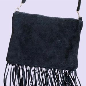 Long Fringe Small Crossbody Bag Black Genuine Suede Leather Soft Slouchy Italy